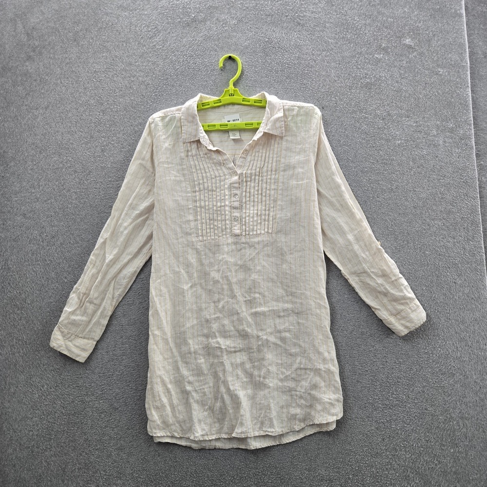 Cynthia Rowley Women Blouse M Cream Linen Striped Button Collared Front Tunic
